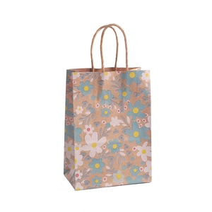 Bolsa de regalo de papel kraft con estampado floral y asas de cuerda marrón para compras