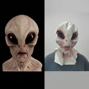 Detailed comparison of realistic alien mask skin texture versus actual worn product