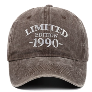 Detail view of coffee washed cotton baseball cap with Limited Edition 1990 embroidery