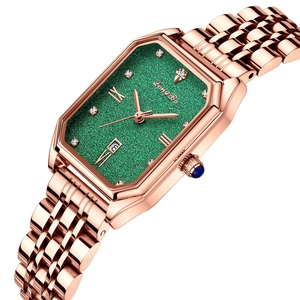 Elegant women's square rose gold watch with emerald green glitter dial and date display