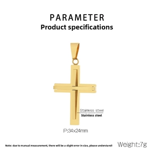 Detailed parameter view of gold stainless steel cross pendant measuring 34x24mm