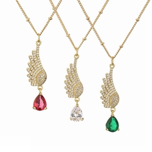 Angel Wing Heart Water Drop Pendant Necklace Copper Micro Zircon Colorful Gemstone Dainty Jewelry For Women
