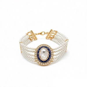 Elegant five-layer pearl bracelet with oval crystal and blue enamel gold trim