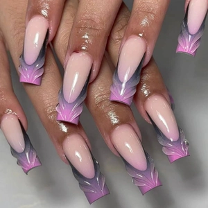 Pink to grey-purple gradient coffin nails with 3D shell texture and pearl details