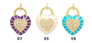 Three enamel heart pendants in gold with zircon inlays in purple, white and blue