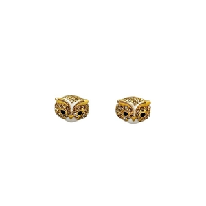 Cute golden owl stud earrings with sparkling rhinestones and white enamel finish
