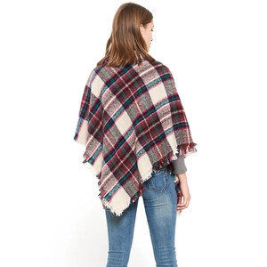 Women's colorful plaid poncho scarf with fringe details shown from the back view