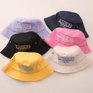 Kids cotton sun hat with smiley face print available in purple, navy, black and pink