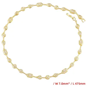 Detail of 7.0mm wide gold necklace with teardrop and octagon frames with clear crystals