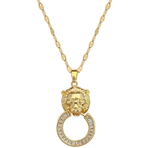 Titanium steel leopard lion head necklace with zircon micro-pave pendant in gold