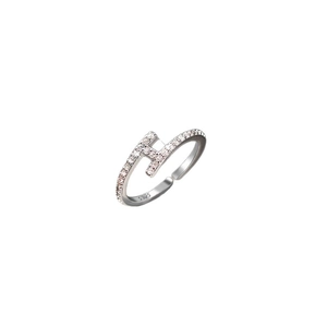 Adjustable S925 sterling silver ring featuring H-shape design and cubic zirconia pavé