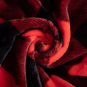 Soft double-layer red and black buffalo plaid flannel blanket with warm fleece texture