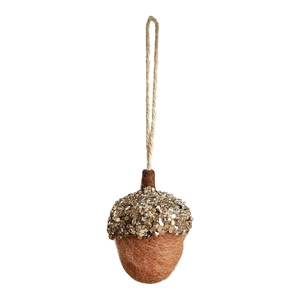 Handcrafted pinecone felt Christmas ornament with gold glitter sequins and jute rope hanger