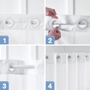 White waffle weave shower curtain with built-in rings for easy hook-free installation