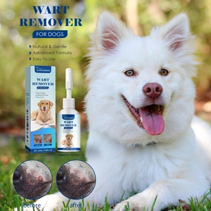 Natural gentle dog wart remover treatment showing 20ml bottle with before and after results