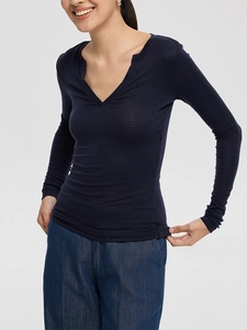 Slim fit dark blue V-neck long sleeve knit top for women with soft ribbed texture