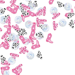 Disco party confetti with pink cowboy boots, hats and silver disco ball decorations