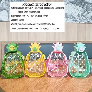 Set of 600ml cute pineapple-shaped plastic straw water bottles with adjustable straps