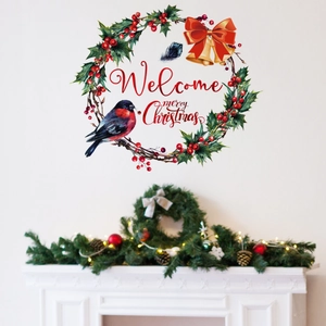 Christmas wall decal with watercolor bullfinch, golden bells and festive holly design