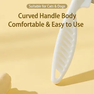 Ergonomic stainless steel pet grooming comb for cats and dogs with white anti-slip handle