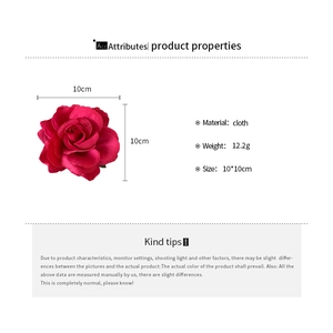 Detail showing 10cm red fabric rose brooch and hair clip dimensions with 12.2g weight