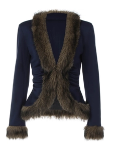 Slim fit dark blue coat for women with stylish tan faux fur trim and V-neckline
