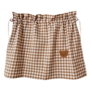 Brown checkered cotton storage bag with cute bear embroidery and drawstring closure