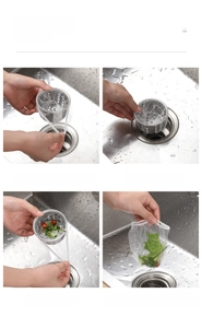 Kitchen sink strainer bag showing 4-step installation to catch food debris