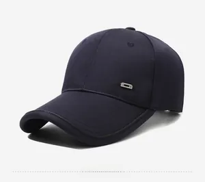 Side detail of navy blue baseball cap showing twill fabric and silver metal buckle