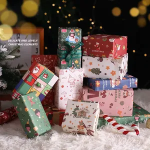 Christmas gift wrapping paper set with festive cartoon patterns and satin ribbons