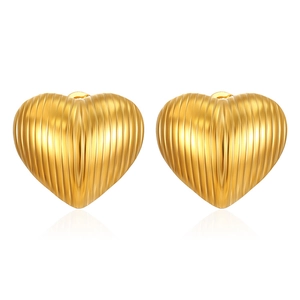 Polished 18K gold plated stainless steel hollow heart earrings with vertical stripes
