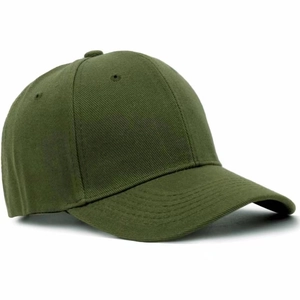 Detail of army green cotton twill baseball cap showing side profile and brim texture