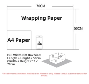 Size guide for vintage kraft wrapping paper showing 70x50cm dimensions and box scale