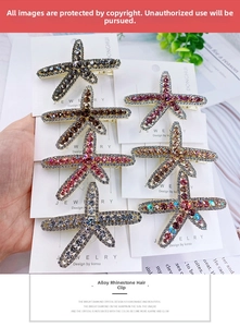 Macro view of crystal starfish hair clips featuring multi-color rhinestones on alloy base