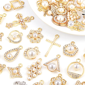 DIY jewelry pendant collection with gold finish, pearls and sparkling zircons for necklaces
