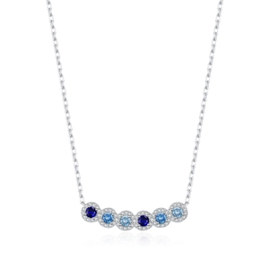 S925 sterling silver necklace with five gradient blue round gemstones and halo crystals
