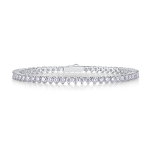 Classic silver Moissanite tennis bracelet featuring single row round cut stones on white background