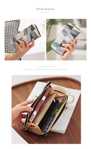 Detailed interior view of a long geometric clutch showing card slots and phone pocket