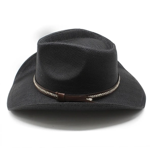 Classic black western cowboy hat with a brown woven leather band on white background