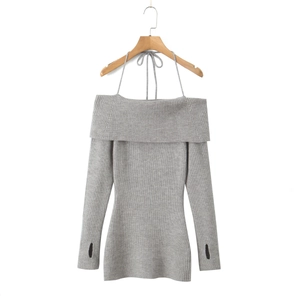 Grey off-shoulder ribbed knit long sleeve mini dress with halter neck and finger loops
