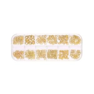 12-grid storage box with various golden alloy nail art studs and geometric metal rivets