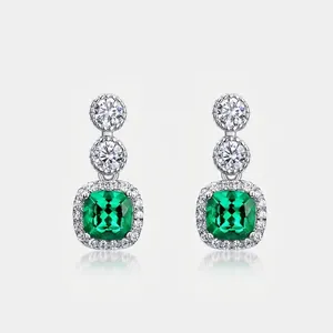 Retro Emerald Cut Lab Created Green Gemstone Dangle Earrings With 925 Sterling Silver Earring Post Elegant Women Jewelry