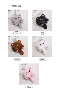 Detail of cute cat plush crossbody bag in five colors with delicate metal chain straps