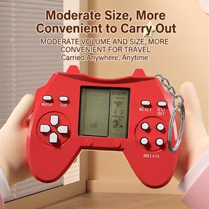 Mini red handheld Tetris game console keychain with metallic chain and functional buttons