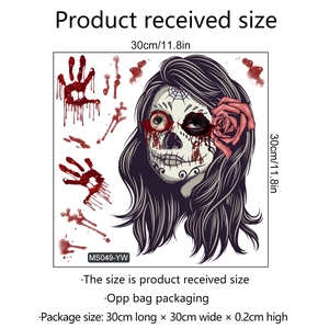Halloween bloody handprint wall sticker with Day of the Dead rose skull, 30x30cm size