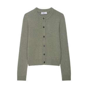 Sage green wool blend knit cardigan with round neck and buttons on a white background