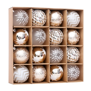 16-pack of gold and white Christmas balls with glitter and matte star patterns for trees