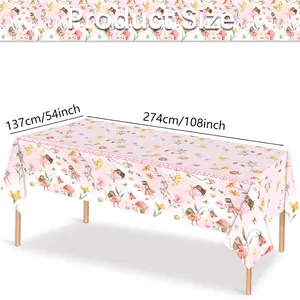 Nappe de fête fée rose avec motifs fleurs et champignons, dimensions 137x274 cm