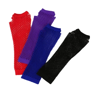 Detail of four colorful punk style fishnet gloves in red, purple, blue, and black