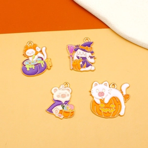 Halloween DIY enamel charms set featuring pumpkin witch and cauldron metal pendants